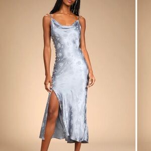 Lulu's Silver-Gray Satin Slip Midi Dress with Side Slit and French Buttons